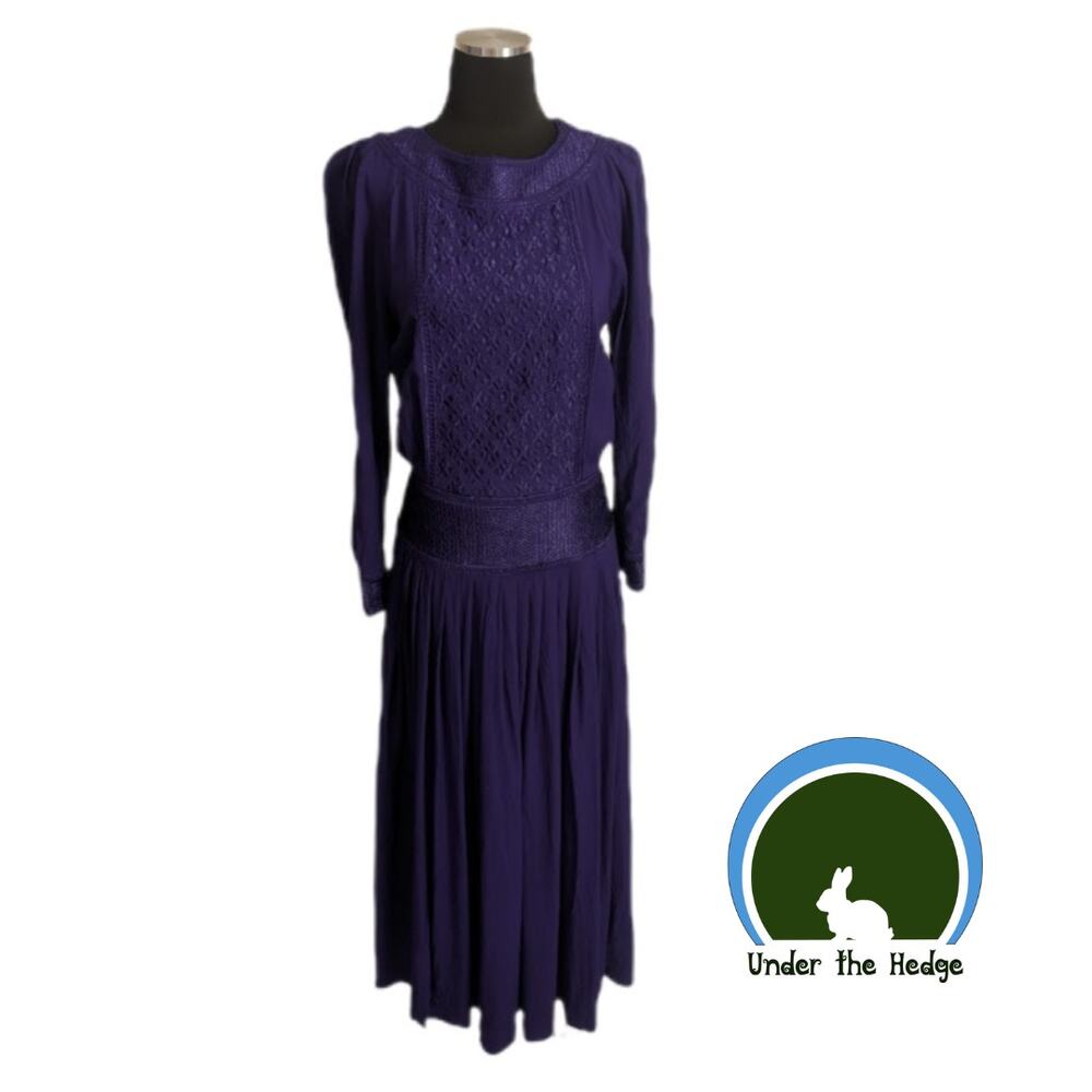 Vintage Marie St Claire Purple Embroidered Midi Dress Fits Size 6 Puff Sleeve